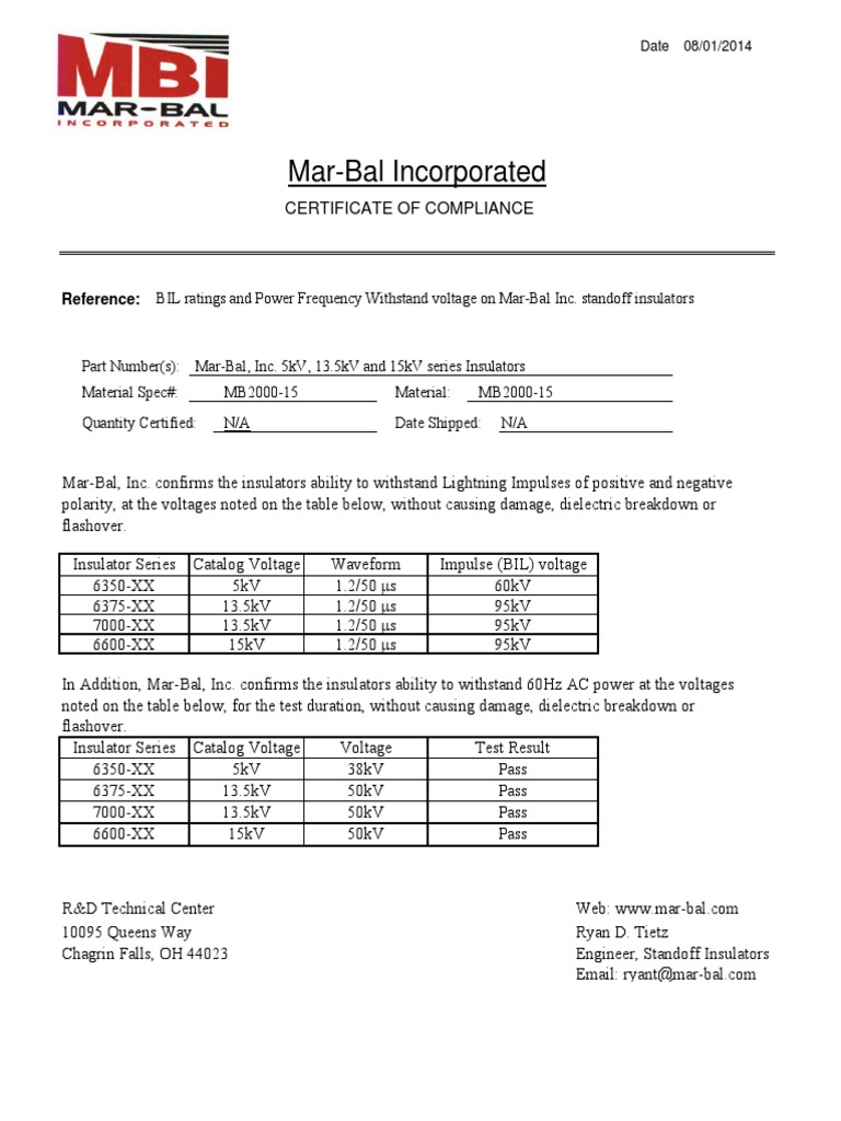 BIL and Power Frequency Withstand Voltage Certificate of Compliance PDF