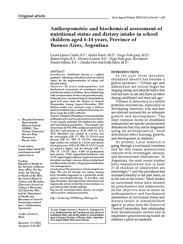 Anthropometric and Biochemical Assessment of Nutritional Status and ...