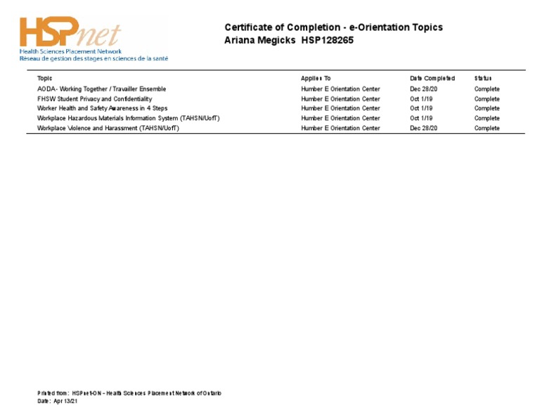 HSPnet e-Orientation Completion Certificate | PDF