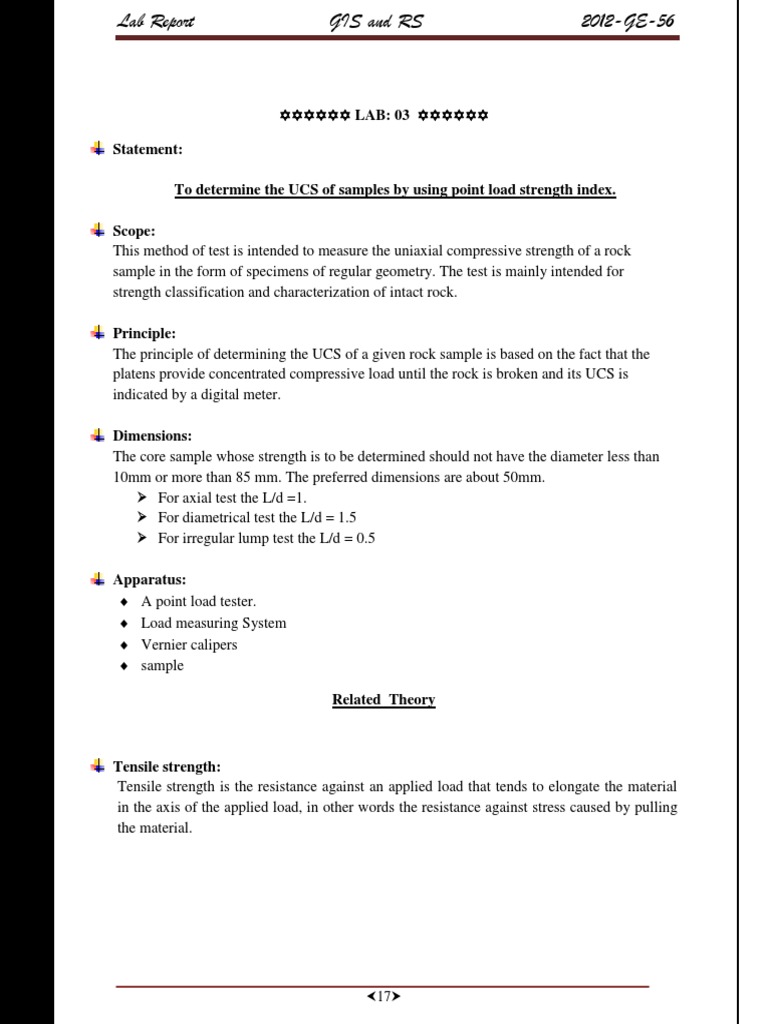 To Determine The UCS of Samples by Using Point Load Strength Index