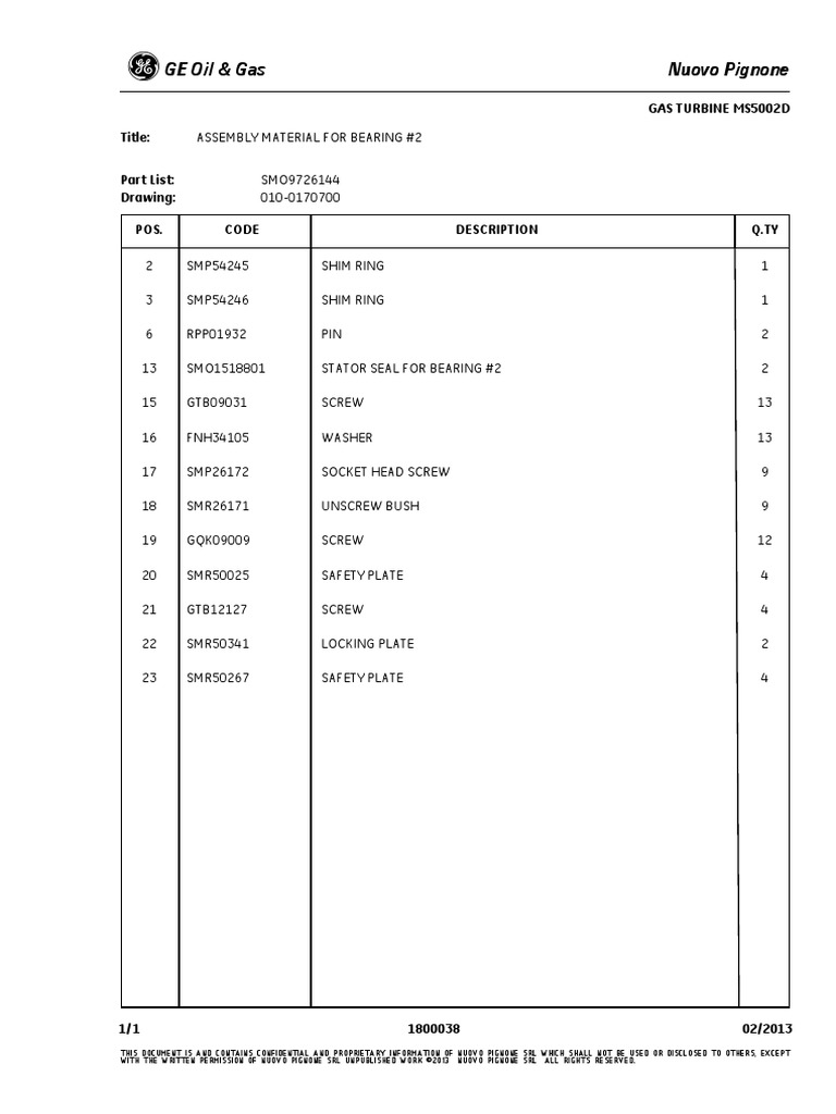 GE Oil & Gas Nuovo Pignone: Title: Part List: Drawing: Gas Turbine ...