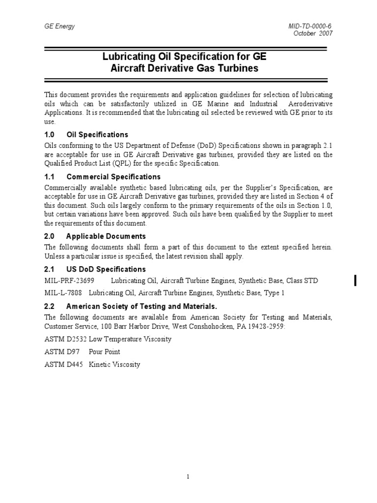 Lubricating Oil Specification For GE Aircraft Derivative Gas Turbines ...