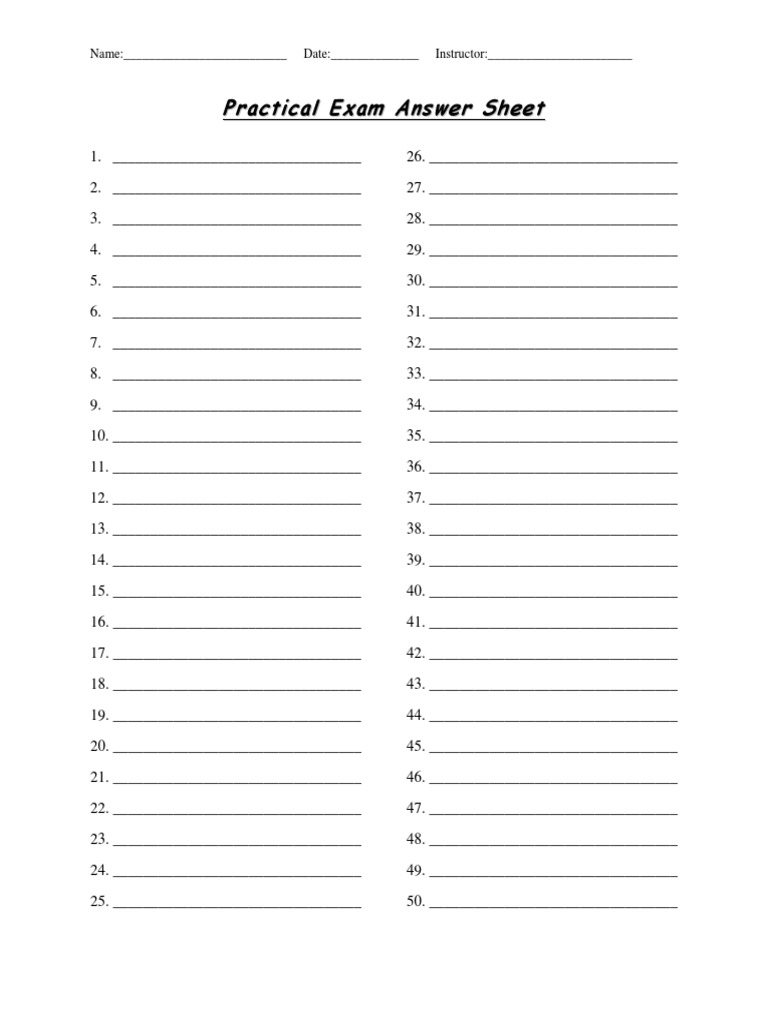 Practical Exam Answer Sheet Pdf