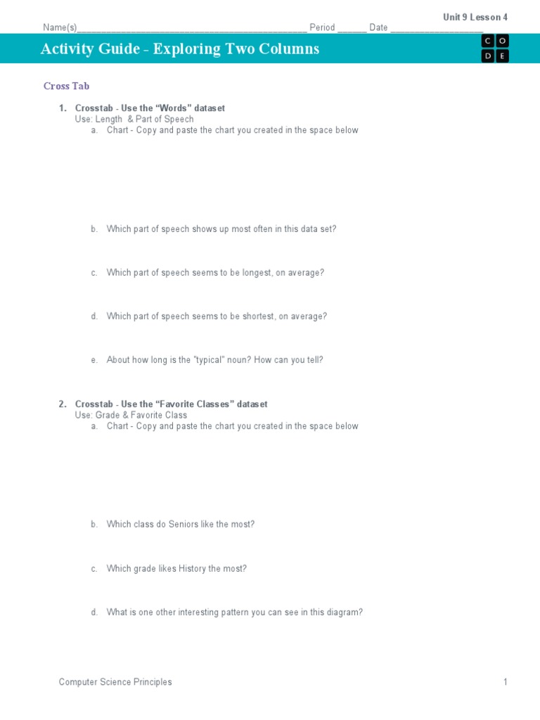 U9L4 Activity+Guide+ +Exploring+Two+Columns+ +Unit+9+Lesson+4 | PDF ...