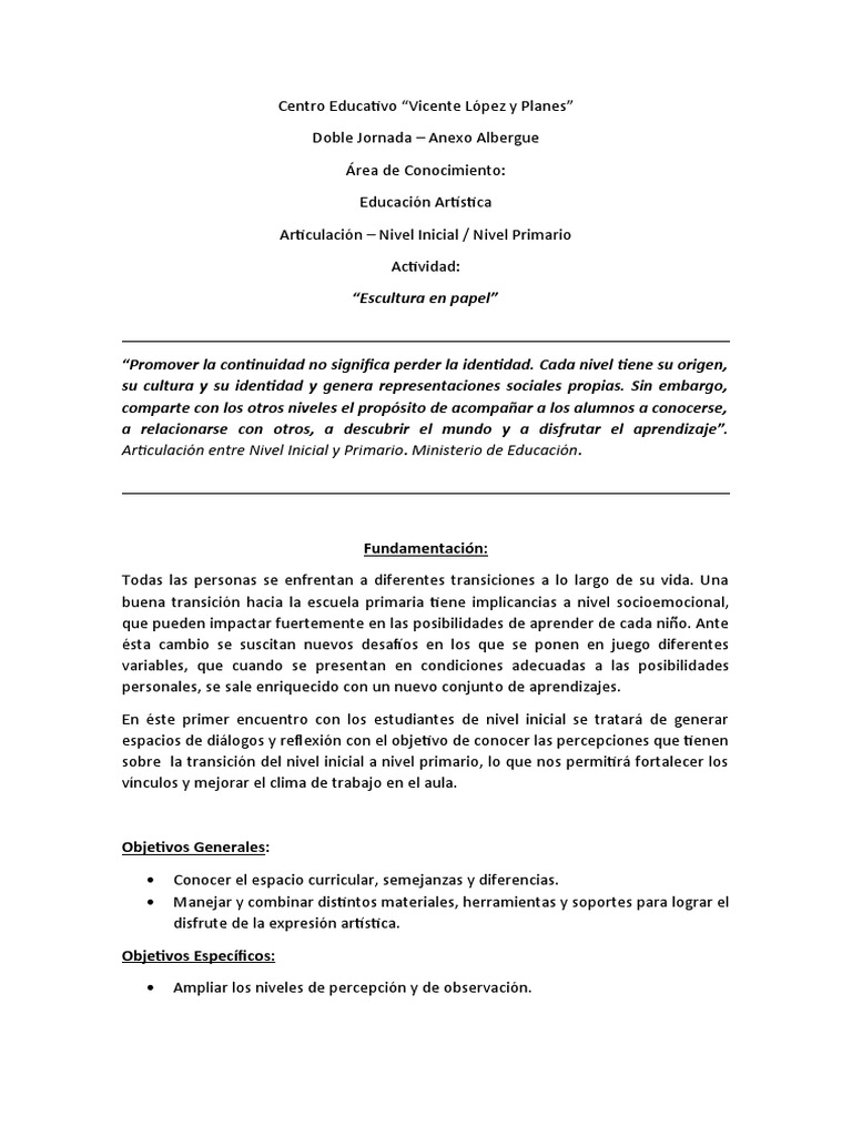 Articulación Inicial y Primaria en Arte | PDF | Educación de la primera ...