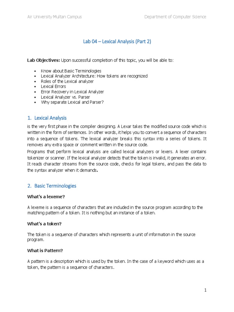 Lab 04 - Lexical Analysis (Part 2) : Lab Objectives: Upon Successful ...