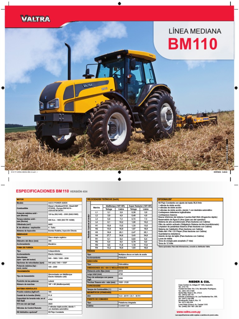 Ficha Técnica Tractor Valtra BM 110 | PDF | Máquinas | Ingeniería mecánica