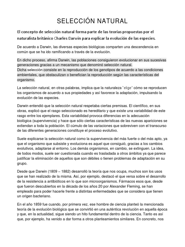 Teoría de la Selección Natural de Darwin | PDF | Seleccion natural ...