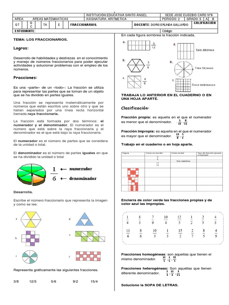 Taller de Fracciones para Quinto Grado | PDF | Matemática Elemental ...