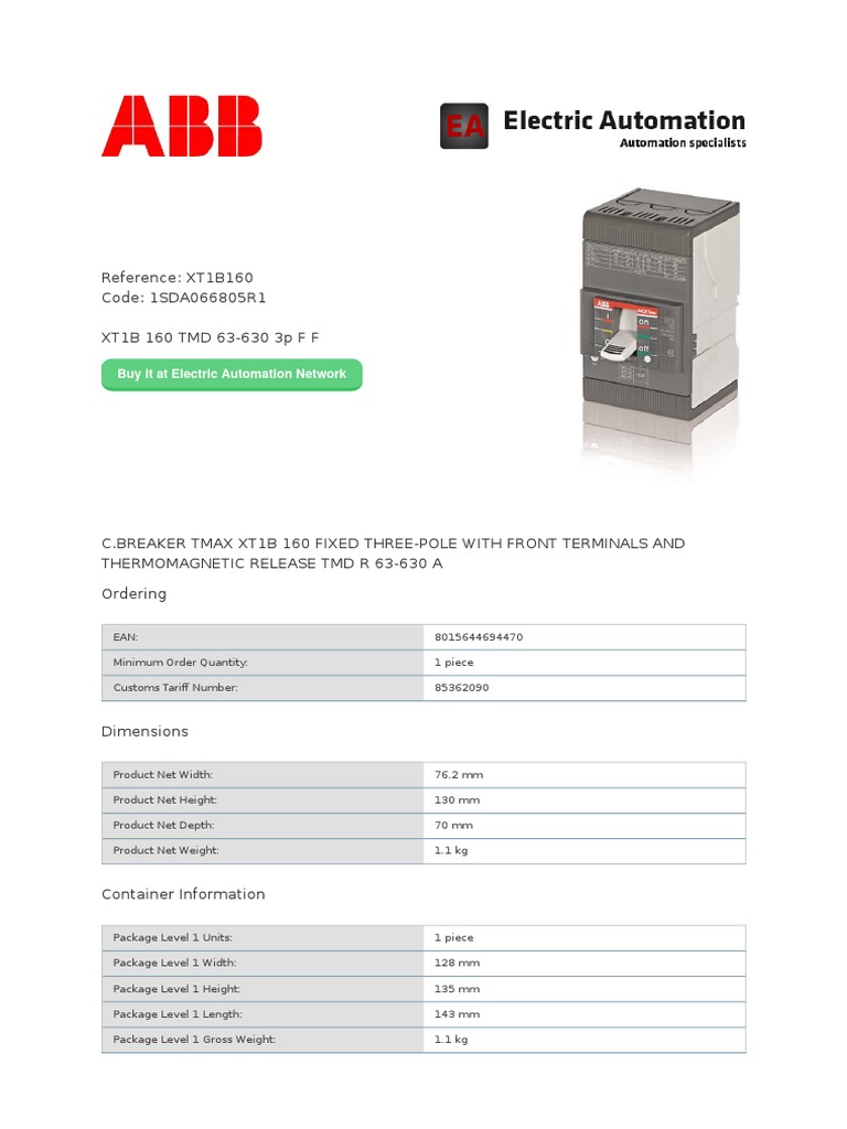 Reference: XT1B160 Code: 1SDA066805R1 XT1B 160 TMD 63-630 3p F F | PDF ...
