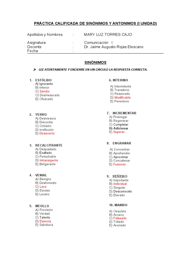 Práctica de Sinónimos y Antónimos | PDF