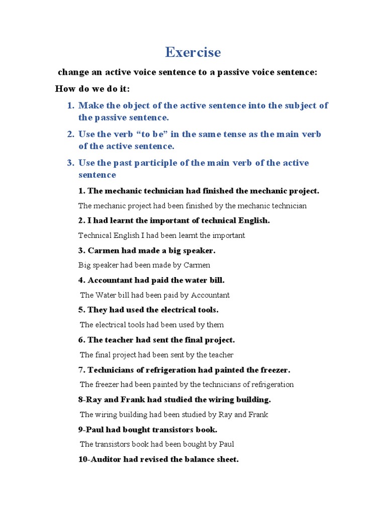 The Past Perfect Passive Voice Exercise PDF Refrigerator Verb