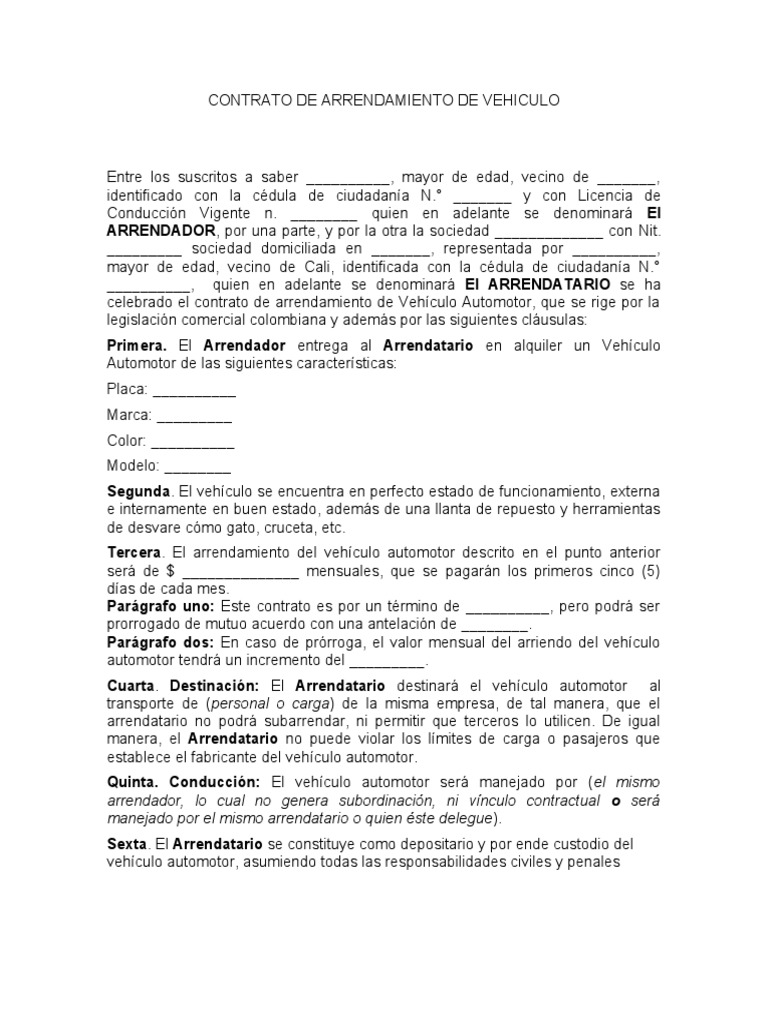 Contrato de Arrendamiento de Vehiculo | PDF | Alquiler