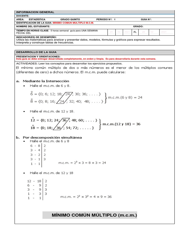 Mínimo Común Múltiplo De 8 6 Y 4 Guia de Minimo Común Multiplo M.C.M | PDF | Enseñanza de matemática |  Science