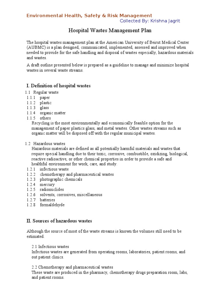 Hospital Wastes Management Plan Hazardous Waste Waste Management