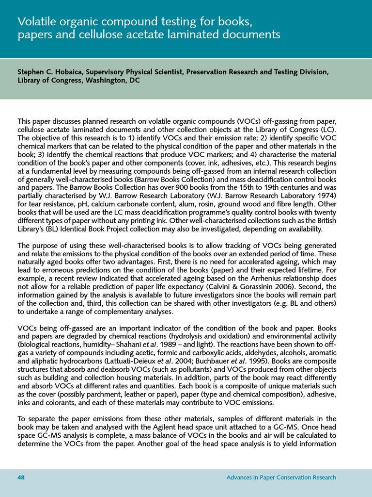 Volatile Organic Compound Testing For Books, Papers and Cellulose Acetate Laminated Documents