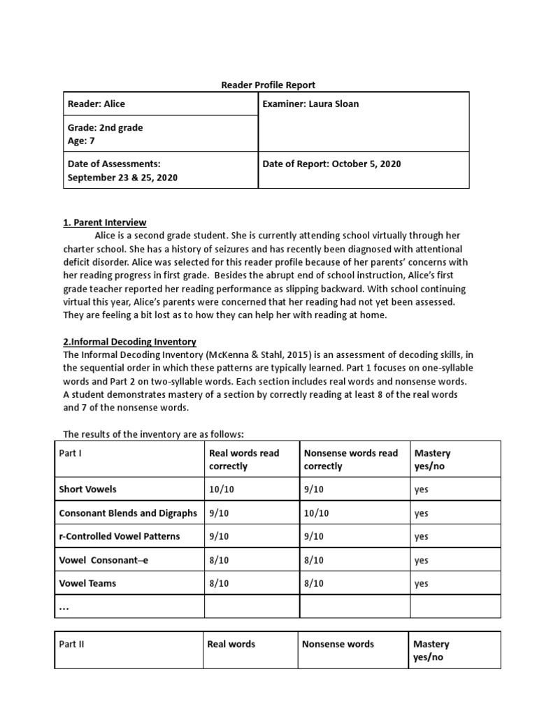 Alice Diagnostic Reading Report | PDF | Fluency | Reading Comprehension