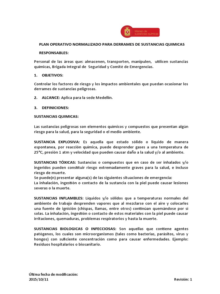 Procedimiento Derrame de Sustancias Quimicas | PDF | Residuos | Quemar