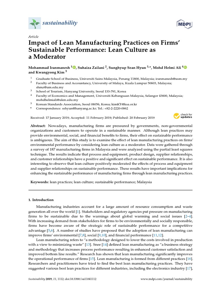 Impact of Lean Manufacturing Practices On Firms' Sustainable ...