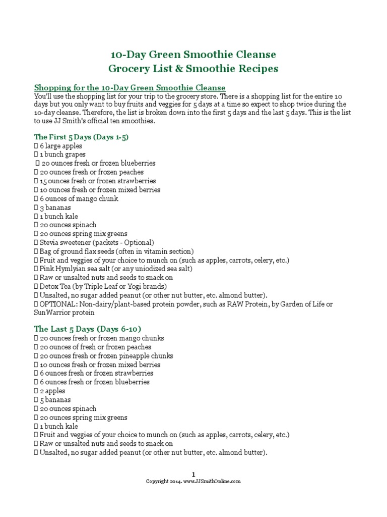 10Day Green Smoothie Cleanse Grocery List & Smoothie Recipes PDF