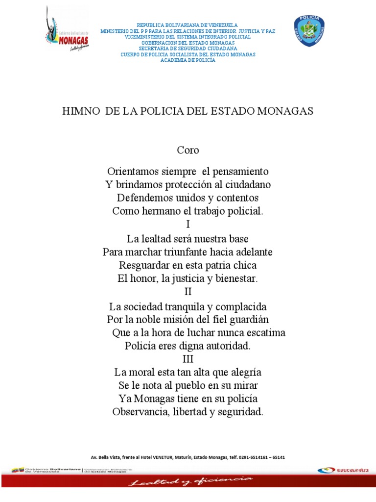 Himno de la Policía del Estado Monagas | PDF