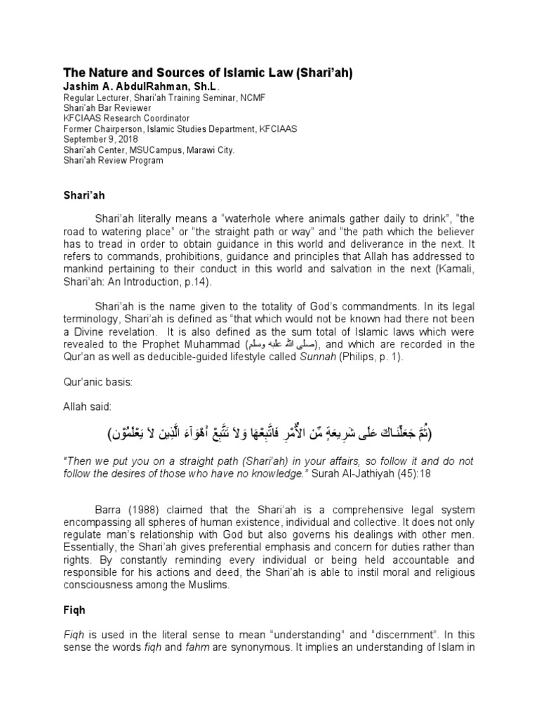 The Nature And Sources Of Islamic Law Shari Ah Jashim A