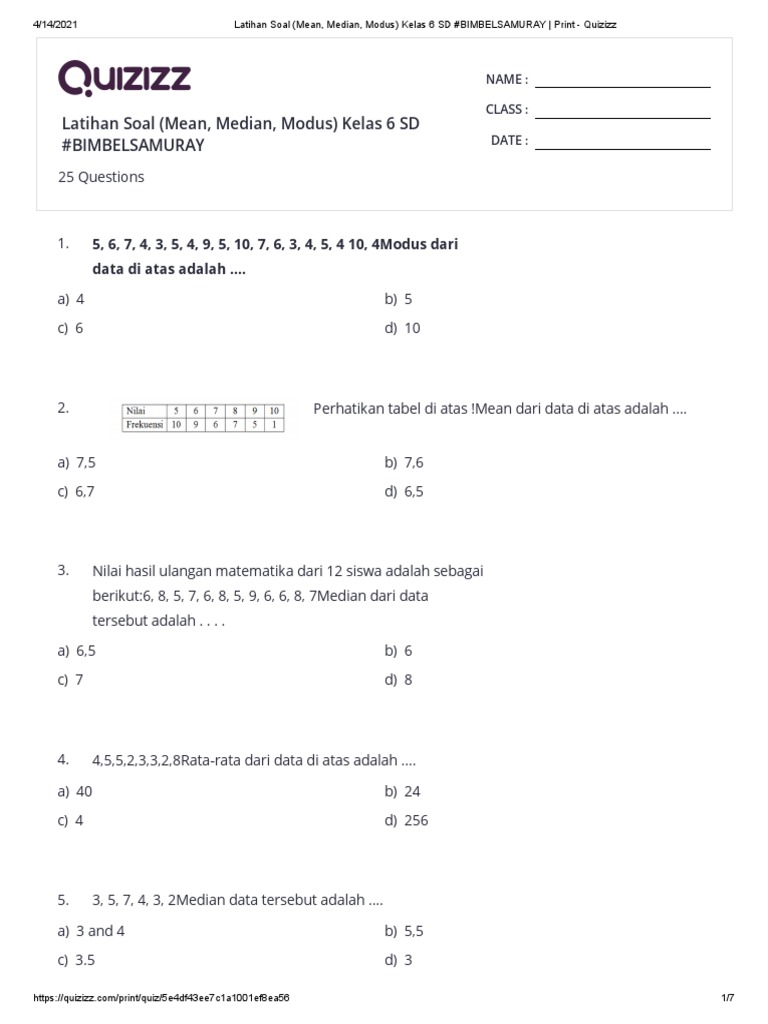 Latihan Soal Mean, Median, Modus Kelas 6 | PDF