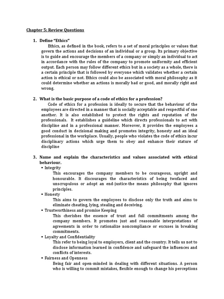 Chapter 5 Ethics Review Questions | PDF | Integrity | Morality