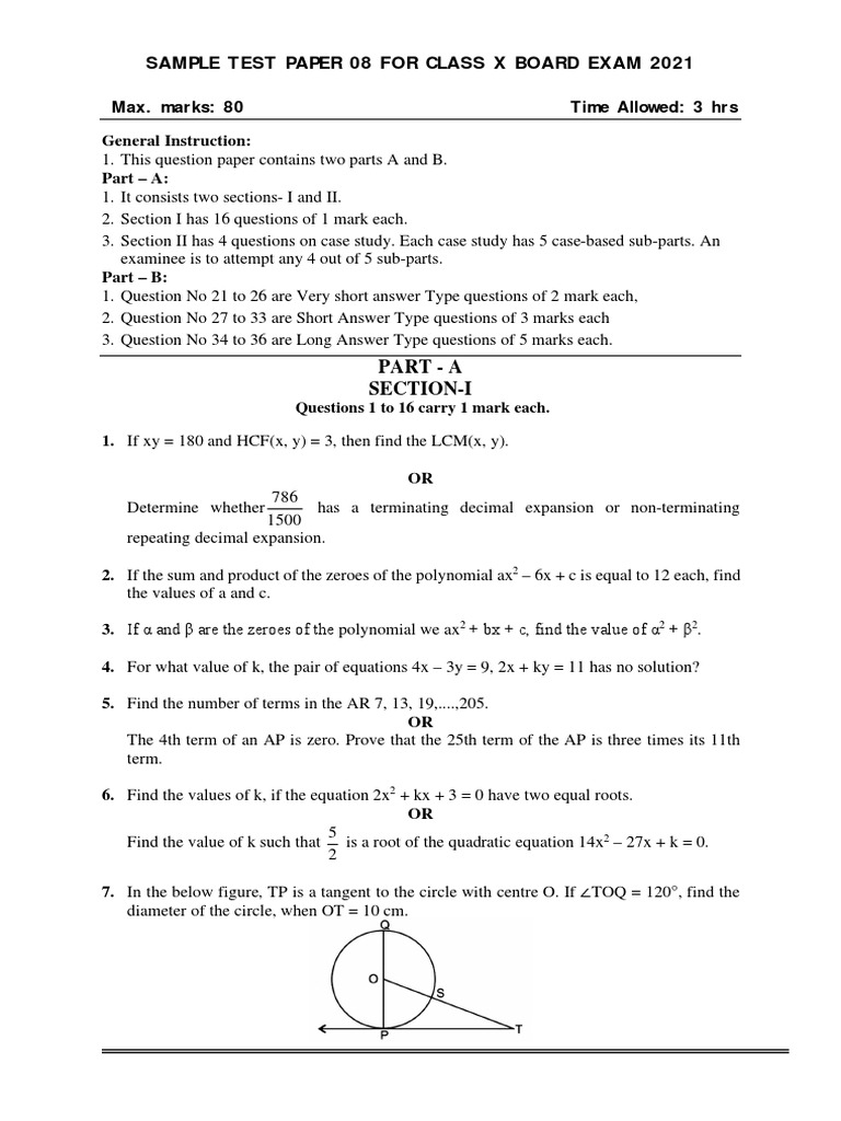 Class X Maths Board Exam Sample Paper | PDF | Circle | Sine