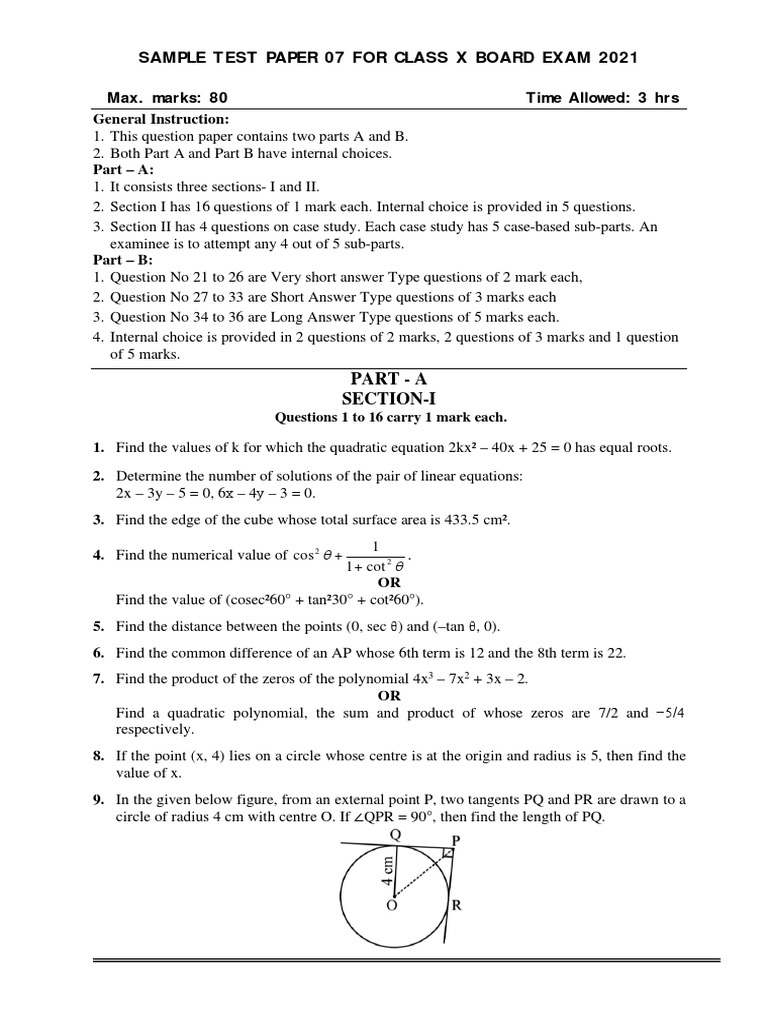 Sample Test Paper 07 For Class X Board Exam 2021 Part A SectionI