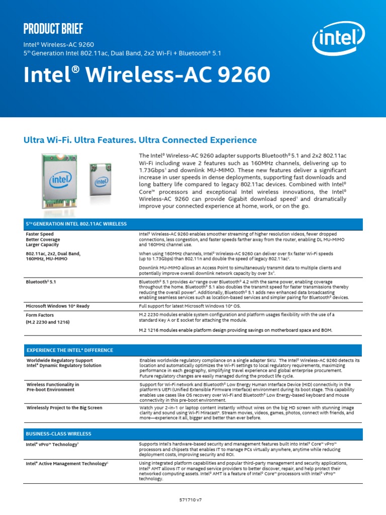 Intel® Wireless-AC 9260: Product Brief | PDF | Ieee 802.11 | Bluetooth