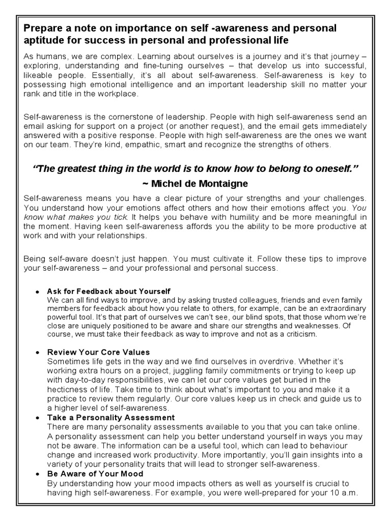 Prepare A Note On Importance On Self - Awareness and Personal Aptitude ...