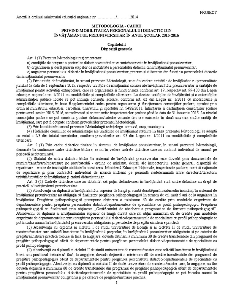 Proiect Metodologie Mobilitate de Personal Didactic 2015 2016