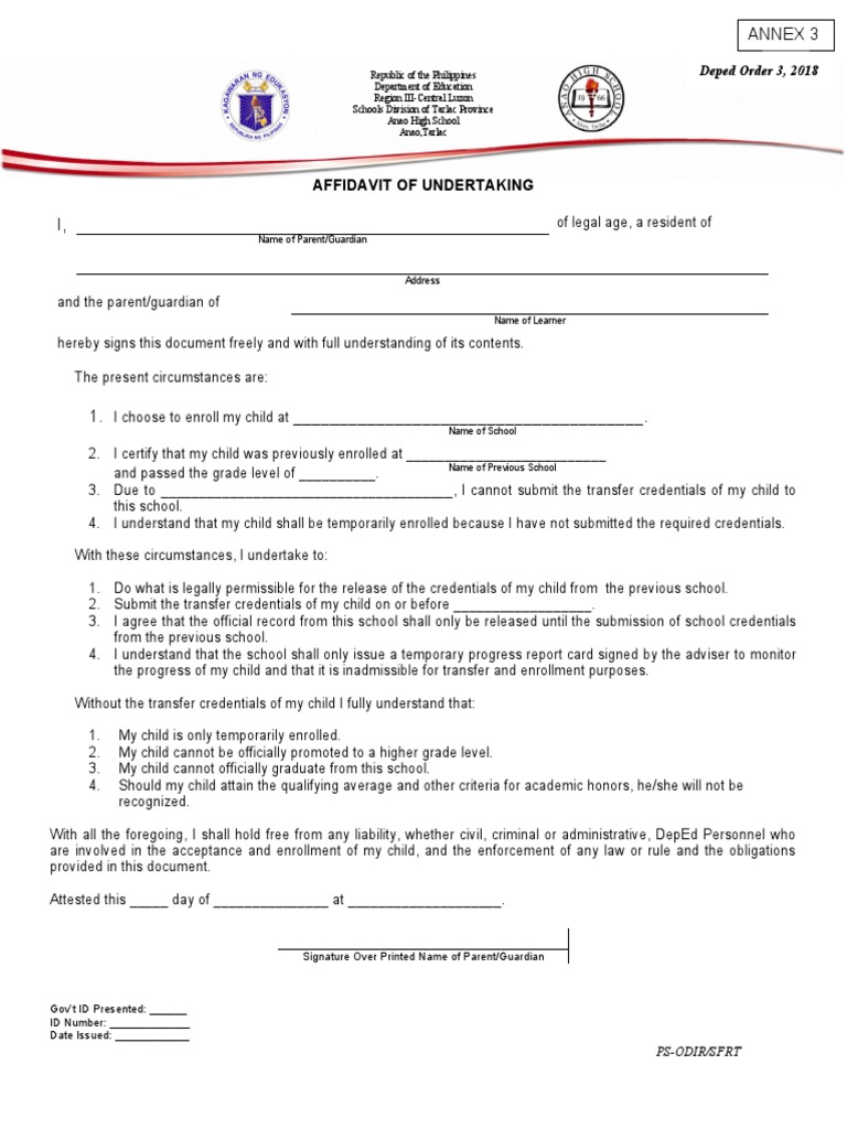 DepEd Affidavit of Undertaking Form | PDF | Credential | Government