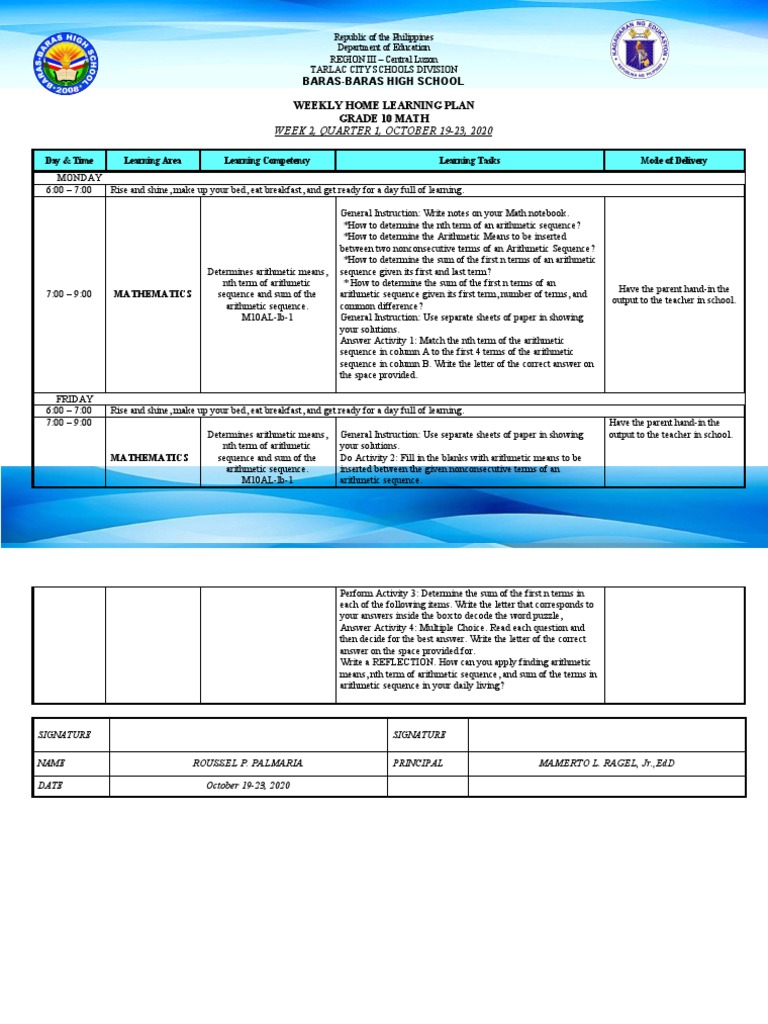 Baras-Baras High School Weekly Home Learning Plan Grade 10 Math | PDF ...