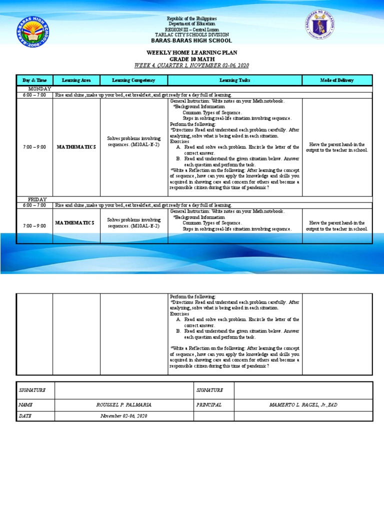 Grade 10 Math Weekly Plan: Sequences | PDF | Educational Psychology ...