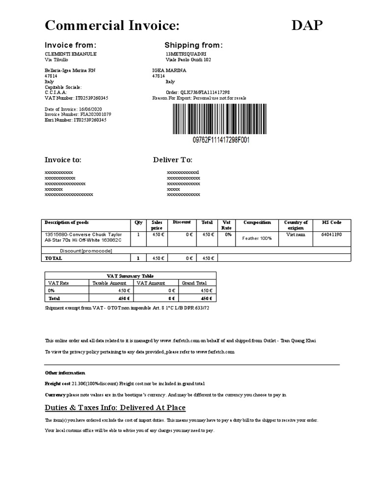 Farfetch Converse Fake Invoice PDF Value Added Tax Invoice