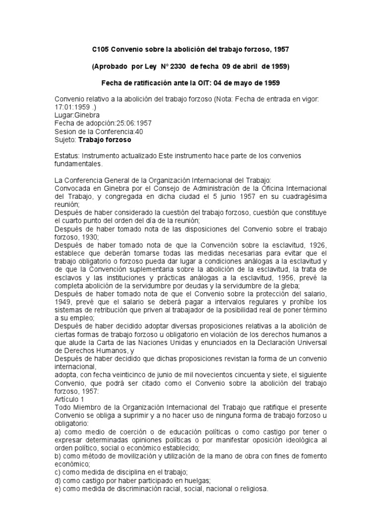 C105 Convenio sobre la abolición del trabajo forzoso, 1957