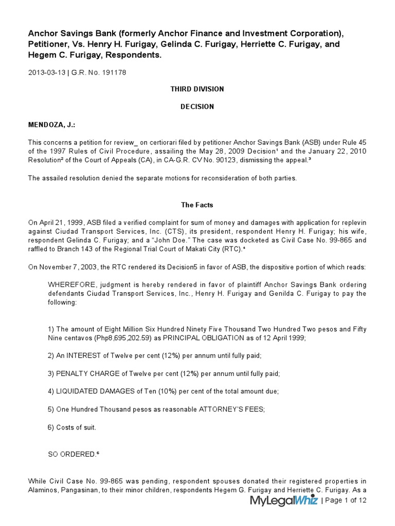 Anchor Savings Bank (Formerly Anchor Finance and Investment Corporation