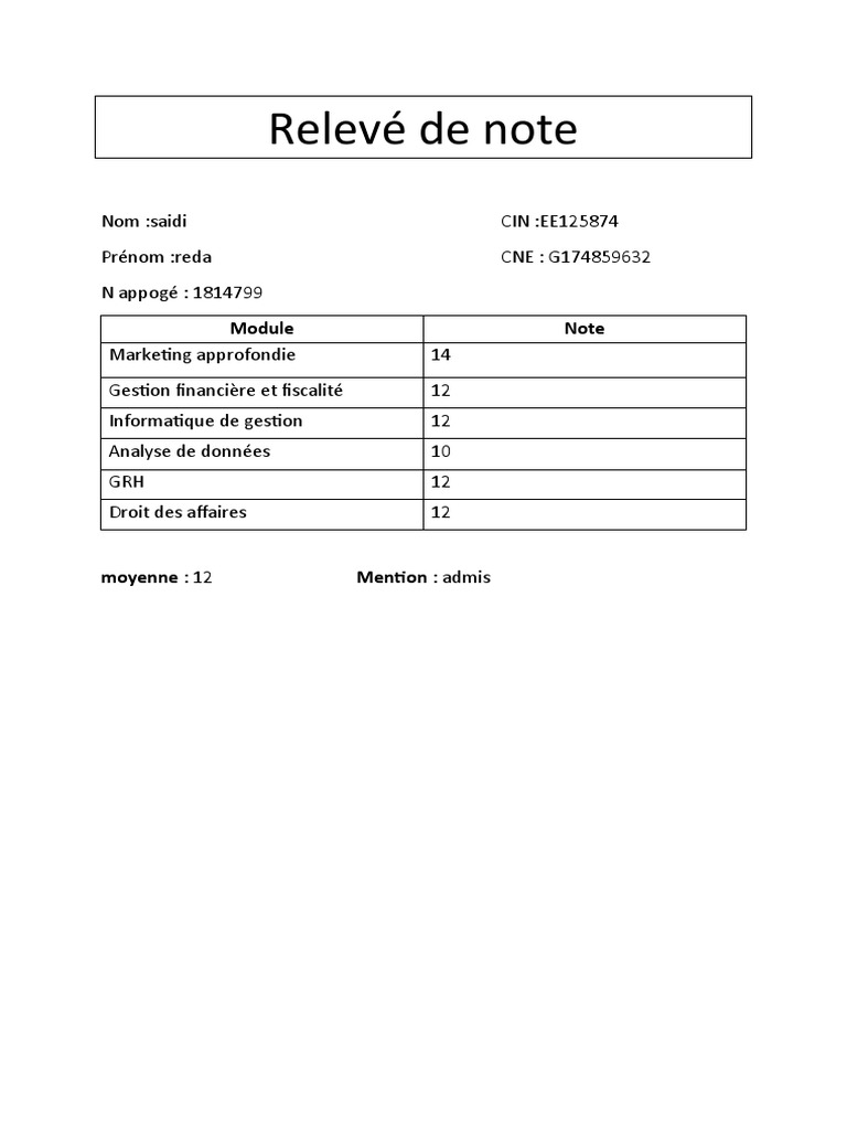 Relevé de Note Et Résultat | PDF