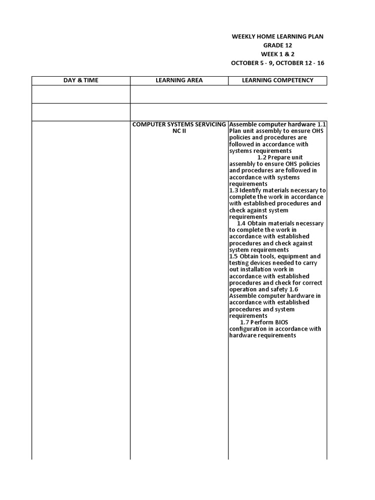 Grade 12 Weekly Home Learning Plan | PDF | Computer Data Storage ...