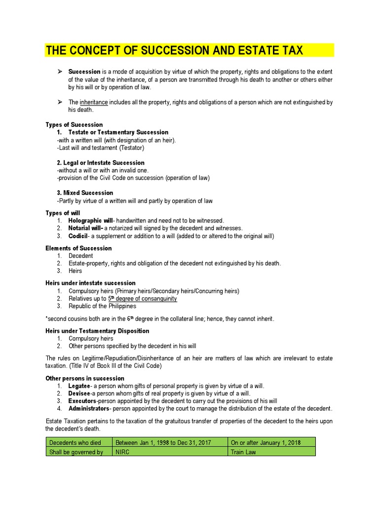 Estate Taxation and Succession Overview | PDF | Intestacy | Estate Tax ...