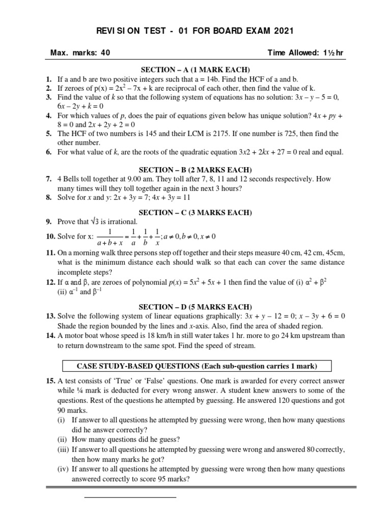 Maths Revision Test Paper 01 For Board Exam 2021. (Chapter 01 To 04 ...