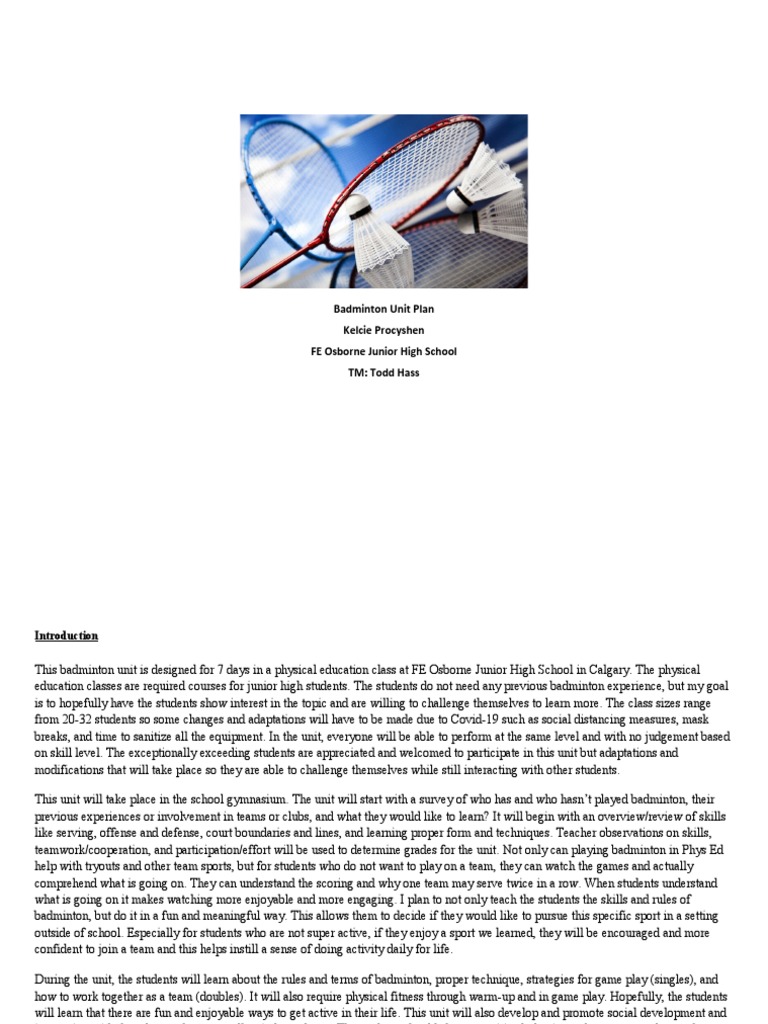 Badminton Unit Plan PDF Educational Assessment Physical Education
