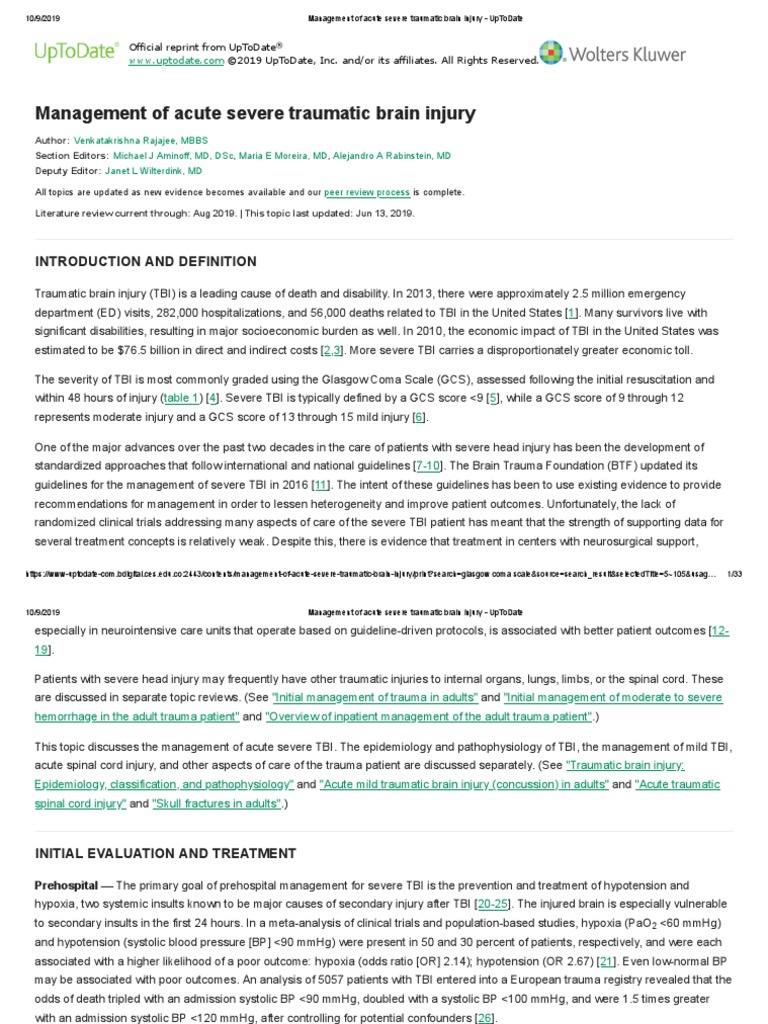 Management of Acute Severe Traumatic Brain Injury - UpToDate Jun 2019