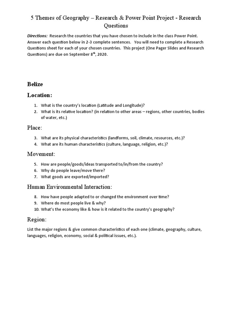 5 Themes of Geography Research Questions For ResearchOne Pager Project