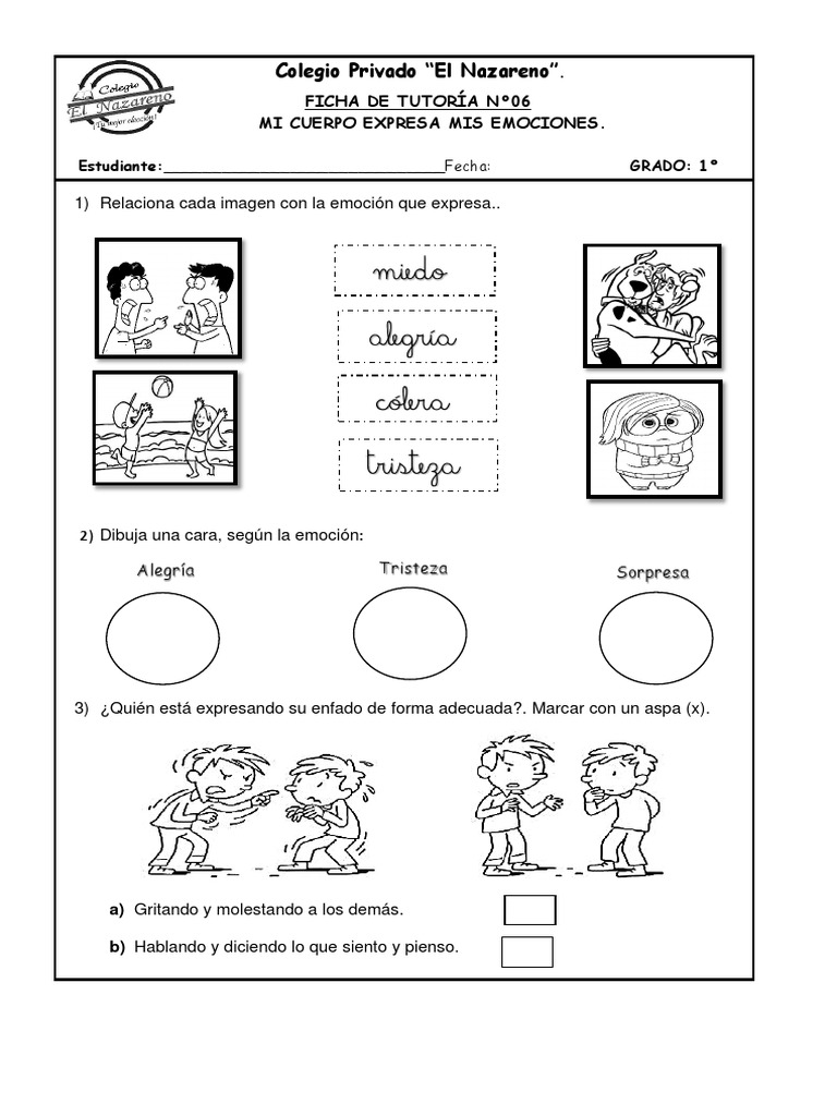 Ficha de emociones para primer grado | PDF