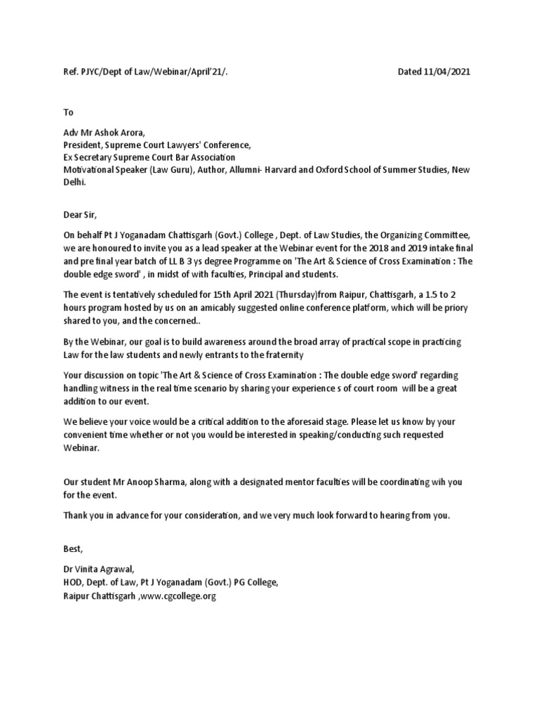 Invitation To Guest Speaker Letter For Webinar, Dept of Law Draft PDF