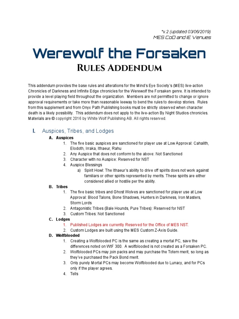 MES CoD Werewolf The Forsaken Genre Addendum 2019 | PDF | Werewolves ...