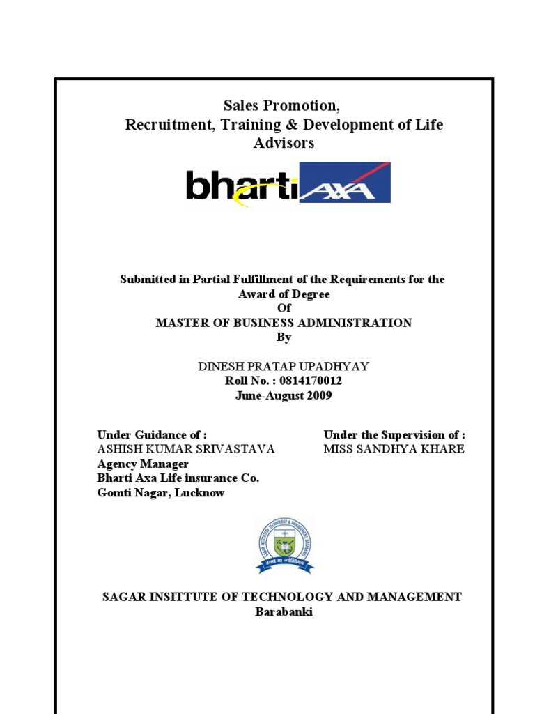 Bharti AXA Life Advisors Recruitment Project | PDF | Educational ...
